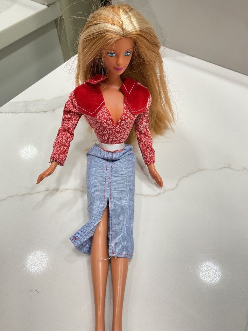 Vintage 1980s Barbie Western Cowgirl Denim Dress Low Cut Red Collar Snap Closure